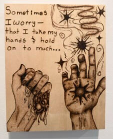 Let It Go, 2026, Wood burn on Cradle Canvas Let It Go, 2026, Wood burn on Cradle Canvas